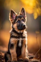Precious puppy dog breed German Shepherd, light at sunset generative ai