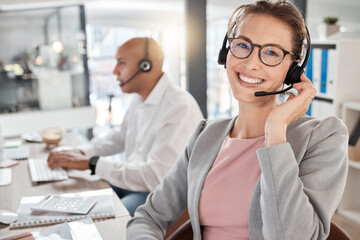 Call center, happy and consultant portrait in office for telemarketing, communication and contact...