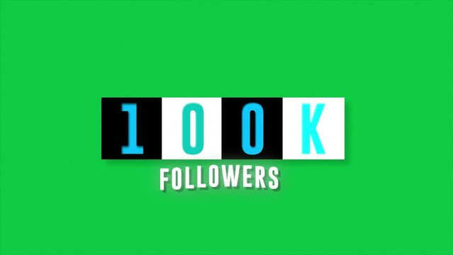 100k Followers sign 3D blue and red Cube Rotating Text Animation backdrop for green screen 4k.