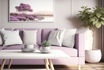 Modern living room design with pink velvet sofa. Generative AI.