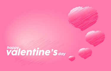 Happy Valentine's day banner with red heart shape pencil writing on pink background. Love party, invitation card design, poster, place for text.