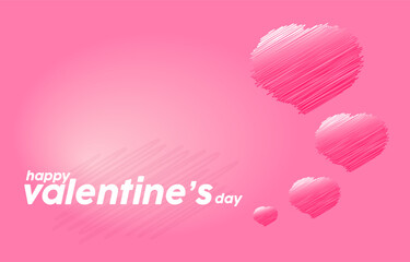 Happy Valentine's day banner with red heart shape pencil writing on pink background. Love party, invitation card design, poster, place for text.