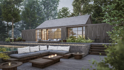 Obraz premium Architecture 3d rendering of wooden house with a pool and a deck with a fire pit and a huge couch