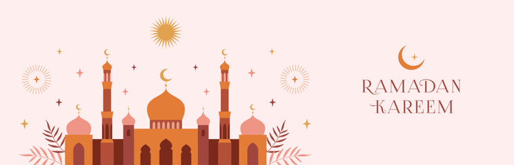 Ramadan Kareem banner, card, poster design. Modern geometric minimalist design with mosque, crescent, stars in the sky, arches windows. Vector illustration.