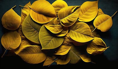  a bunch of yellow leaves on a black surface with a black background and a black background with a white border and a black border with a black border.  generative ai