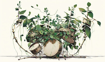  a painting of a drum surrounded by vines and leaves on a white background with a shadow of a drum in the middle of the frame.  generative ai