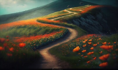  a painting of a path leading to a hill with flowers growing on the side of the hill and a hill in the distance with a sky filled with clouds.  generative ai