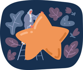 Cartoon vector illustration of Woman holding and hugging a big star. Customer review rating and client feedback concept.