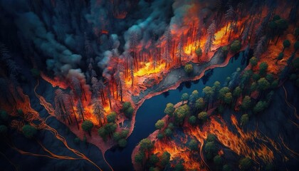 Fire in the forest aerial view. Generative AI.