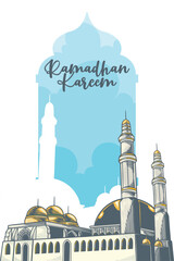 Hand drawn of mosque for ramadan with vintage Background. Vector Illustration - obrazy, fototapety, plakaty