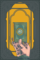 hand holding Holy book of Quran for Ramadan Mubarak hand drawn sketch vector illustration - obrazy, fototapety, plakaty