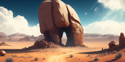 Large rock formation in the middle of desert. Generative AI.