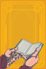 hands holding Holy book of Quran for Ramadan Mubarak hand drawn sketch vector illustration - obrazy, fototapety, plakaty