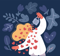 Cartoon vector illustration of Love yourself. Love your body concept. Girl Healthcare Skincare. Take time for your self. Woman hugging herself with hearts