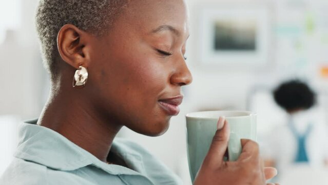 Black Woman Drink Coffee, Thinking And Office Relax At Work Remember Happy Memory On Job Break. Young, Calm And South African Girl Employee Or Manager Smile, Enjoy And Drinking Relaxing Morning Tea