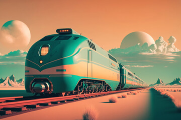 Fototapeta na wymiar Retro futuristic train and track in pastel colour theme. Generative AI