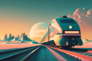 Fototapeta na wymiar Retro futuristic train and track in pastel colour theme. Generative AI