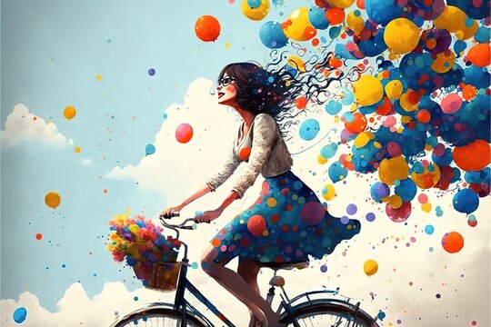 A girl rides a bicycle with a lot of balloons Ai Generate