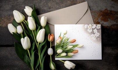  a bouquet of tulips sits next to a card on a wooden table next to a white envelope with a white and orange flower.  generative ai