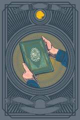 hand holding Quran and Islamic Ramadan Vector illustration