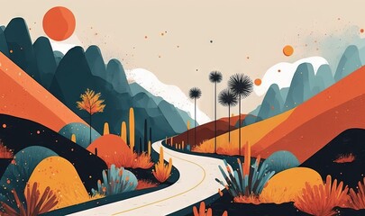  a painting of a road going through a desert with palm trees and mountains in the background and a sun in the sky over the horizon.  generative ai