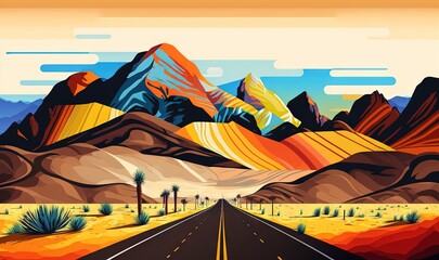 Fototapeta na wymiar a painting of a desert road with mountains in the background and palm trees on the side of the road in the middle of the desert. generative ai