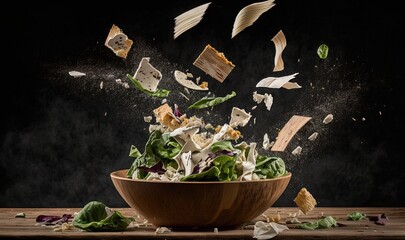  a wooden bowl filled with a salad covered in cheese and lettuce leaves flying out of it's top and falling into the air.  generative ai