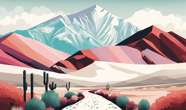  a painting of a desert landscape with mountains in the background and a path leading to a cactus area with a trail leading to the top of a mountain.  generative ai