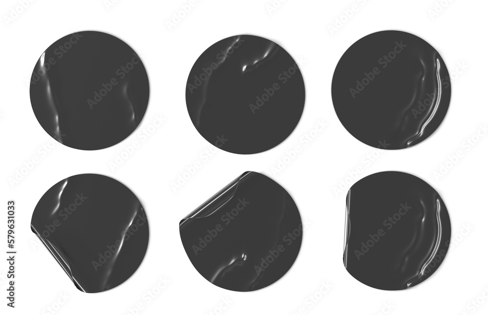 Poster black round stickers with wrinkles and curl edges 3d render. realistic set of blank circle sticky ta