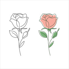 Rose flower linear drawing. Decorative beautiful rose flower with thin line. Minimalist rose illustration. Vector illustration