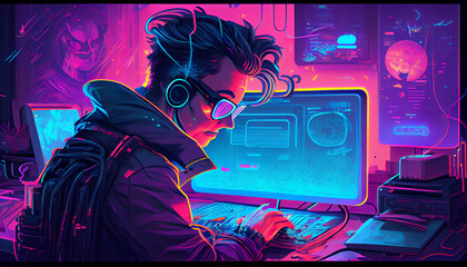 digital artwork of a person working on a Synthwave-inspired computer with retro-futuristic design elements