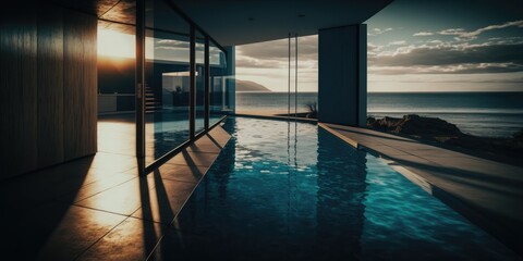 Seamless Integration of Infinity Pool and Interior in Contemporary House Design. Generative AI Illustration