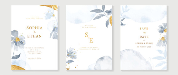 Luxury wedding invitation card background vector. Watercolor floral leaf branch with golden foil brush paint and ink splatter texture. Design illustration for wedding and vip cover template, banner.