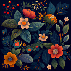 Creative seamless pattern with tropical leaves and flowers. Trendy texture with hand drawn exotic plants.