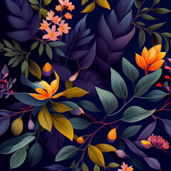 seamless pattern with vintage leaves. Beautiful botanical print with colorful foliage for decorative design. Bright spring or summer background. Vintage wedding decor. Textile design.