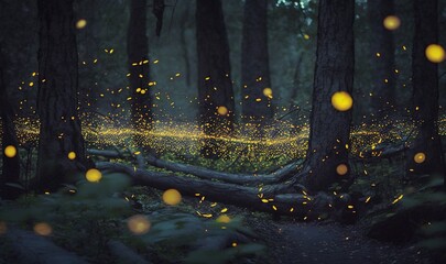  a forest filled with lots of yellow fireflies flying over a lush green forest filled with trees and grass covered in yellow fireflys.  generative ai