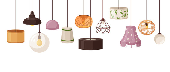 Ceiling lamps set. Home chandeliers designs. Electric light decorations. Lightbulbs in modern lampshades of trendy shapes, hanging on wire, cord. Flat vector illustrations isolated on white background