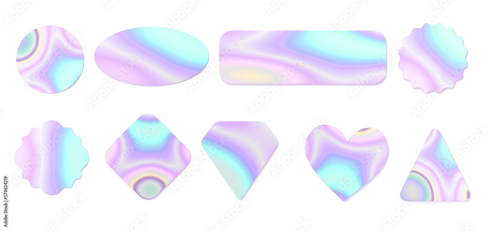 Aufkleber 3d holographic stickers with iridescent gradient texture. realistic set of blank rectangular, round,