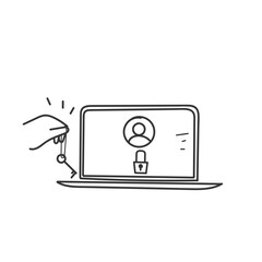 Fototapeta premium hand drawn doodle person carry key to open locked account on laptop