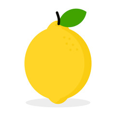 Yellow ripe cartoon lemon symbol with green leaves
