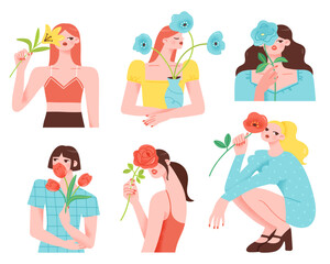 Set of girls holding flowers. Vector illustration of young women covering their faces with blooming flowers. Isolated elements on white background.