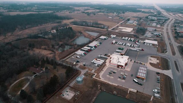 Loves truck stop. USA 4k Aerial March 2023 Wadsworth-Zion, IL
