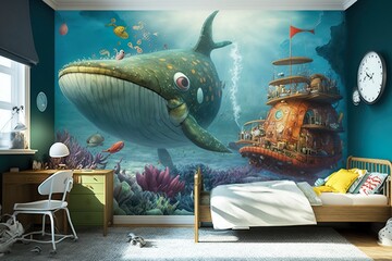 Creative and bright design of a children's room. Bright fantasy wallpaper on the wall of baby room. Adventure theme. Generative AI illustration.