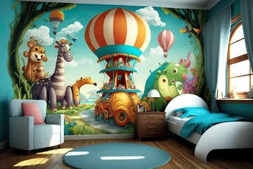 Fototapeta na wymiar Creative and bright design of a children's room. Bright fantasy wallpaper on the wall of baby room. Adventure theme. Generative AI illustration.
