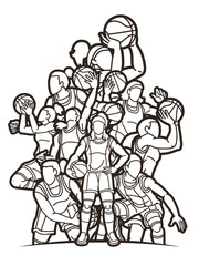 Fototapeta na wymiar Group of Basketball Women Players Action Cartoon Sport Team Graphic Vector