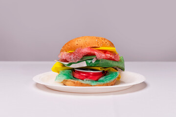 Fast food recreated with garbage and plastic. Environmental concept. 