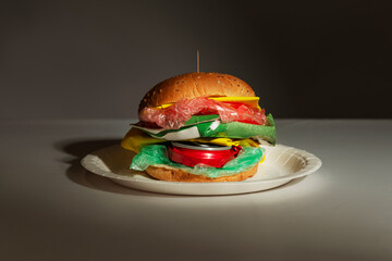 Fast food recreated with garbage and plastic. Environmental concept. 