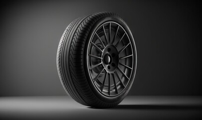  a tire on a black background with a shadow on the floor and a light on the wall behind it, with a spotlight on the floor.  generative ai