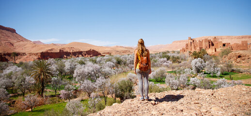 Traveler woman in Morocco- Tamedakhte village, Kasbah near ait ben haddou