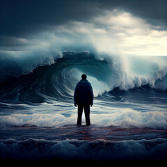 man looking at big waves. Generative Ai